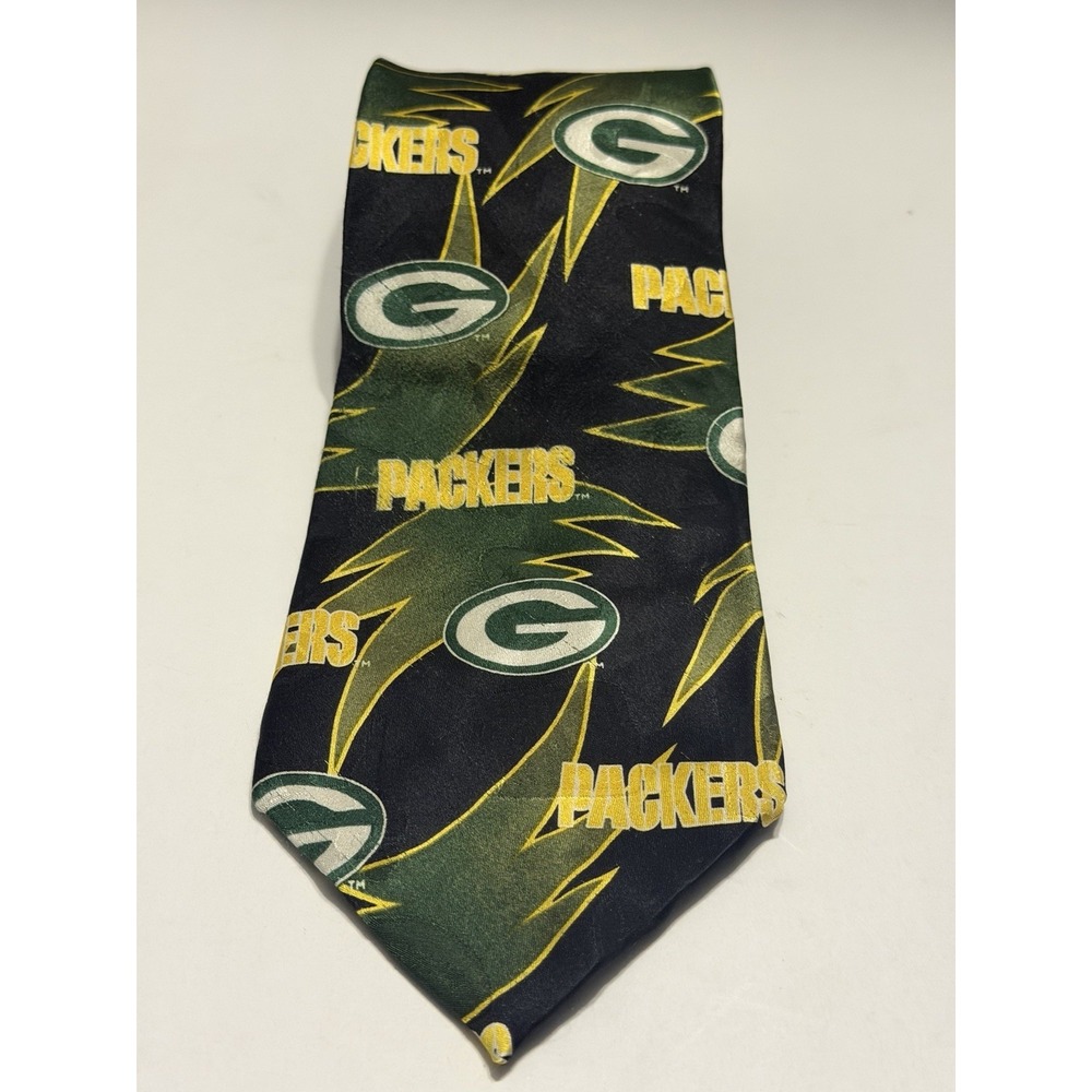 Vintage Green Bay Packers Tie Silk Logo Spell Out All Over Print 1997 Mens